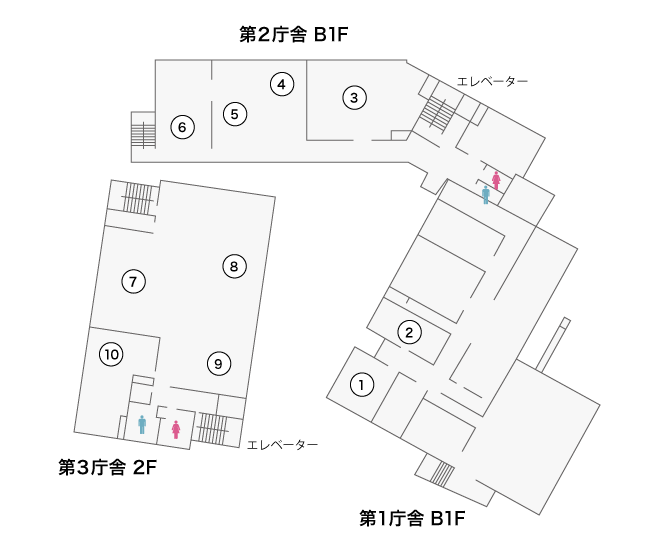 館内マップ(第1庁舎B1F・第2庁舎B1F・第3庁舎2F)の画像