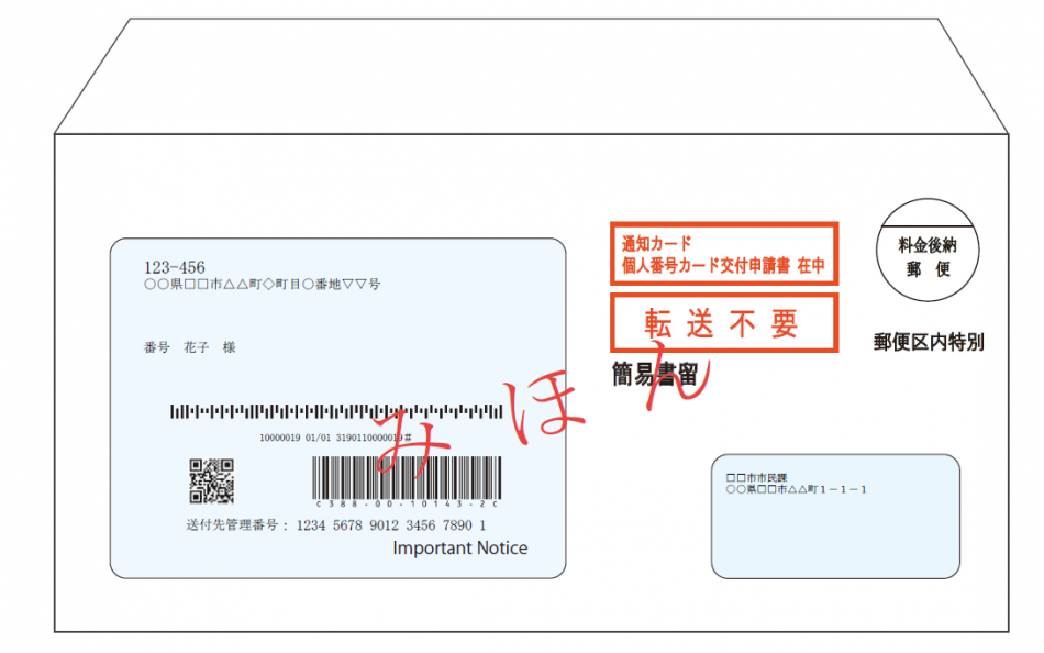 通知カード送付用封筒（送付時外観）の画像