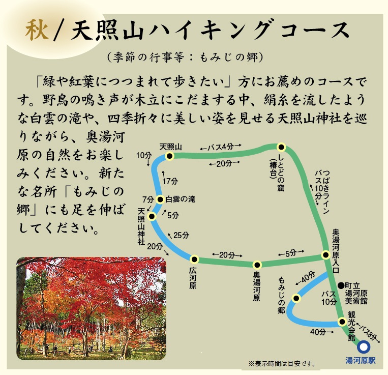 [秋/天照山ハイキングコース」　「緑や紅葉につつまれて歩きたい」方にお薦めのコースです。野鳥の鳴き声が木立にこだまする中、錦糸を流したような白雲の滝や、四季折々に美しい姿を見せる天照山神社を巡りながら、奥湯河原の自然をお楽しみください。新たな名所「もみじの郷」にも足を伸ばしてください。