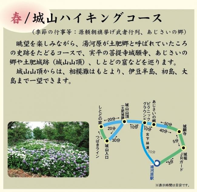 「春/城山ハイキングコース」　眺望を楽しみながら、湯河原が土肥郷と呼ばれていたころの史跡をたどるコースで、実平の菩提寺城願寺、あじさいの郷や土肥城跡（城山山頂）、ししどの窟などを巡ります。城山山頂からは、相模灘はもとより、伊豆半島、初島・大島まで一望できま